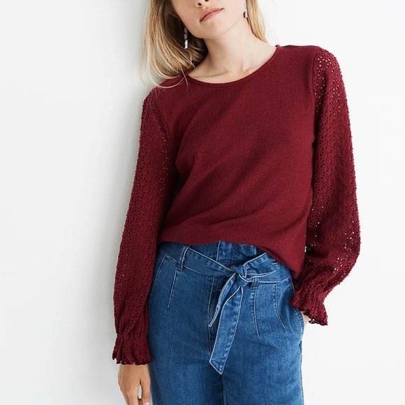 Madewell Texture & Thread Eyelet Mix Ruffle-Sleeve Top Black Size Extra Large - Picture 9 of 11